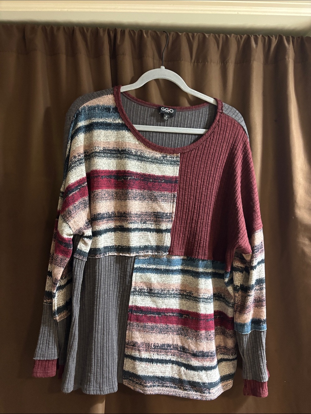 GiGiO Multicolor Patchwork Knit Sweater with Burgundy Panels